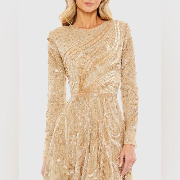 Mac Duggal EMBELLISHED ILLUSION HIGH NECK LONG SLEEVE DRESS 5572 Size 14 Latte - Picture 6 of 10